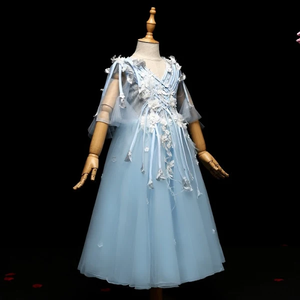 Chic / Beautiful Pool Blue Flower Girl Dresses 2017 Appliques Tassel Pearl V-Neck Backless 1/2 Sleeves Ankle Length A-Line / Princess Wedding Party Dresses