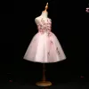 Chic / Beautiful Blushing Pink Flower Girl Dresses 2017 Ball Gown Lace Appliques Pearl Scoop Neck Sleeveless Short Wedding Party Dresses