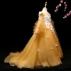 Chic / Beautiful Yellow Flower Girl Dresses 2017 A-Line / Princess Appliques Scoop Neck Long Sleeve Sweep Train Wedding Party Dresses