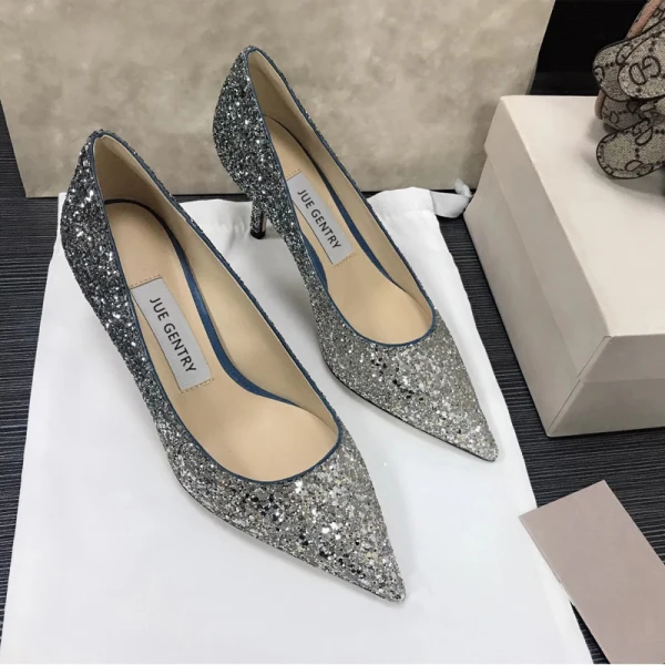 Glittrande Silver Afton Paljetter Pumps 2021 Läder 8 cm Stilettklackar Spetsiga Pumps Högklackade