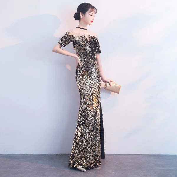 Sparkly Black Gold Evening Dresses 2018 Trumpet / Mermaid Sequins Rhinestone Scoop Neck Short Sleeve Floor-Length / Long Formal Dresses