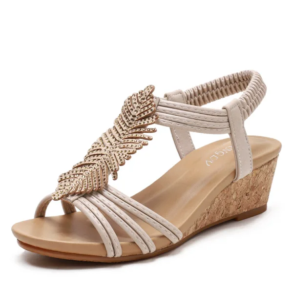 Roman Fashion Brown Summer Street Wear Beach Rhinestone Womens Sandals 2021 T-Strap 5 cm Wedges Open / Peep Toe Sandals High Heels