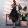 Chic / Beautiful Black Cocktail Dresses 2018 A-Line / Princess Appliques High Neck Short Sleeve Asymmetrical Formal Dresses