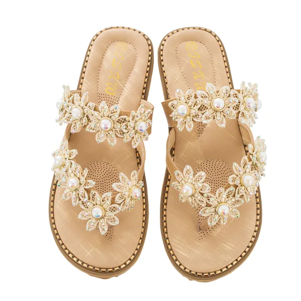 Bohemia Beige Summer Beach Flat Womens Sandals 2021 Pearl Rhinestone Lace Flower Open / Peep Toe Sandals