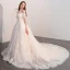Luxury / Gorgeous Champagne Wedding Dresses 2018 A-Line / Princess Appliques Lace Beading Pearl Off-The-Shoulder Backless Short Sleeve Cathedral Train Wedding