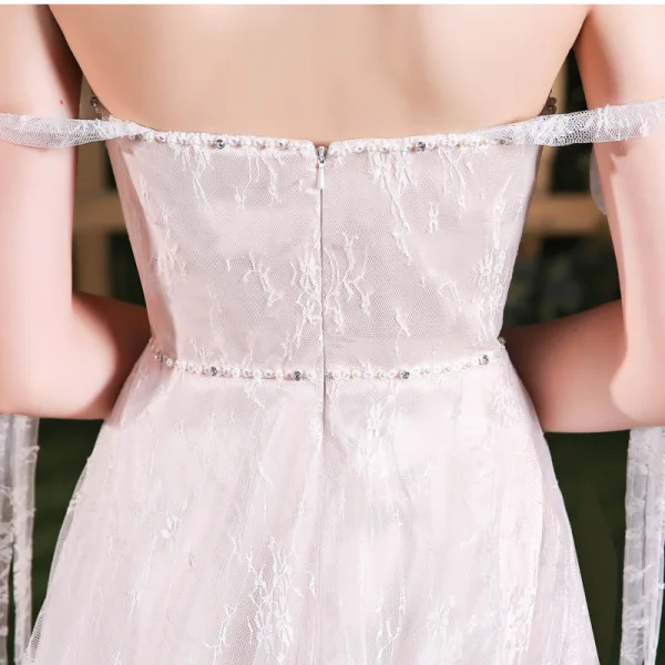 Charming Champagne Wedding Dresses 2018 A-Line / Princess Beading Lace Pearl Off-The-Shoulder Sleeveless Backless Sweep Train Wedding