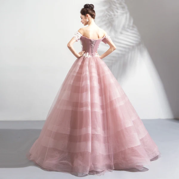 Elegant Blushing Pink Prom Dresses 2018 Ball Gown Lace Flower Appliques Pearl Sequins Off-The-Shoulder Backless Short Sleeve Floor-Length / Long Formal Dresses