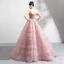 Elegant Blushing Pink Prom Dresses 2018 Ball Gown Lace Flower Appliques Pearl Sequins Off-The-Shoulder Backless Short Sleeve Floor-Length / Long Formal Dresses