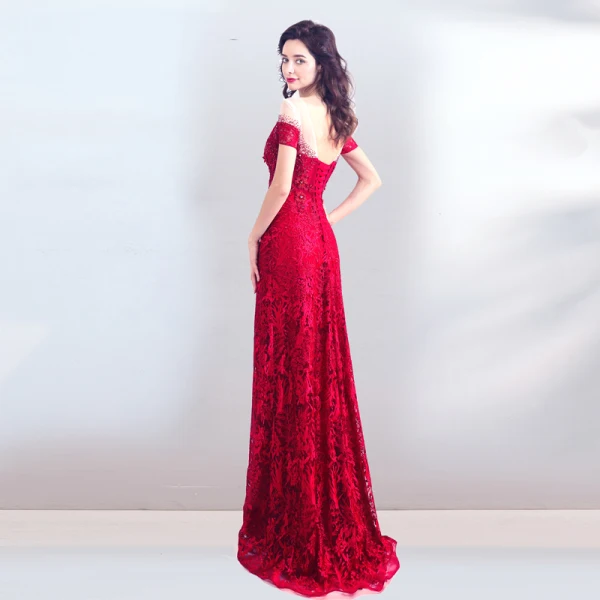 Luxury / Gorgeous Burgundy Evening Dresses 2018 Trumpet / Mermaid Beading Crystal Rhinestone Pearl Lace Flower Scoop Neck Backless Short Sleeve Floor-Length / Long Formal Dresses