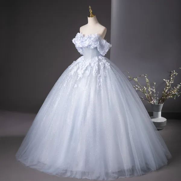 Chic / Beautiful Sky Blue Glitter Appliques Prom Dresses 2025 Ball Gown Off-The-Shoulder Short Sleeve Backless Floor-Length / Long Prom Formal Dresses