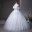 Chic / Beautiful Sky Blue Glitter Appliques Prom Dresses 2025 Ball Gown Off-The-Shoulder Short Sleeve Backless Floor-Length / Long Prom Formal Dresses