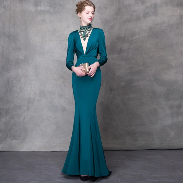 Luxe Bleu D'encre Robe De Soirée 2018 Trompette / Sirène Cristal Faux Diamant Ceinture Col Haut Dos Nu Manches Longues Train De Balayage Robe De Ceremonie