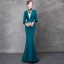Luxe Bleu D'encre Robe De Soirée 2018 Trompette / Sirène Cristal Faux Diamant Ceinture Col Haut Dos Nu Manches Longues Train De Balayage Robe De Ceremonie