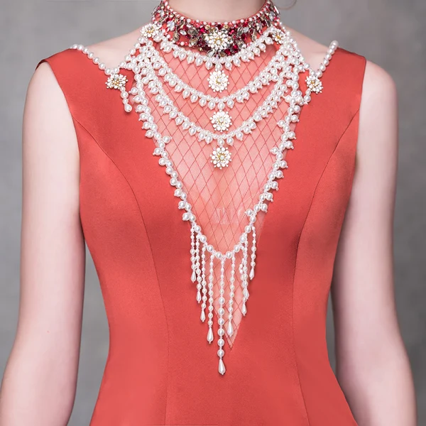 Luxury / Gorgeous Orange Evening Dresses 2018 Trumpet / Mermaid Beading Crystal Pearl High Neck Backless Sleeveless Sweep Train Formal Dresses