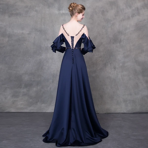 Elegante Abendkleider 2018 A Linie Kristall Stoffgürtel Rundhalsausschnitt Rückenfreies Lange Ärmel Lange Festliche Kleider