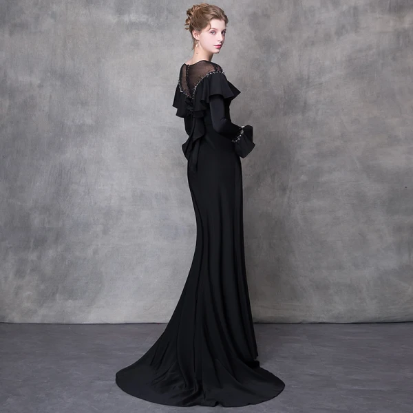 Élégant Noir Robe De Soirée 2018 Trompette / Sirène Cristal Faux Diamant Ceinture Encolure Dégagée Manches Longues Train De Balayage Robe De Ceremonie