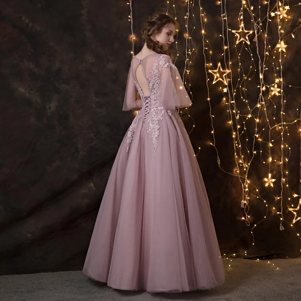 Chic / Beautiful Blushing Pink Prom Dresses 2018 A-Line / Princess Lace Appliques Pearl Sash Scoop Neck Backless 3/4 Sleeve Floor-Length / Long Formal Dresses