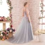 Elegant Grey Prom Dresses 2018 A-Line / Princess Appliques V-Neck Backless Sleeveless Sweep Train Formal Dresses