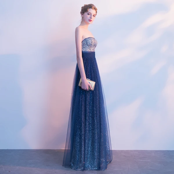 Scintillantes Bleu Marine Ciel étoilé Robe De Soirée 2017 Princesse Glitter Faux Diamant Bustier Dos Nu Sans Manches Longue Robe De Ceremonie