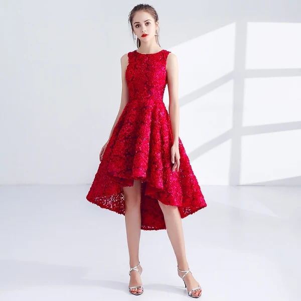 Chic / Belle Rouge Robe De Cocktail 2017 Princesse Métal Ceinture Brodé Encolure Dégagée Sans Manches Asymétrique Robe De Ceremonie