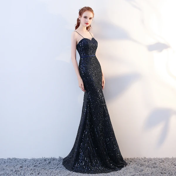 Luxe Bleu Marine Robe De Soirée 2017 Trompette / Sirène Paillettes Perlage Bretelles Spaghetti Dos Nu Sans Manches Longue Robe De Ceremonie