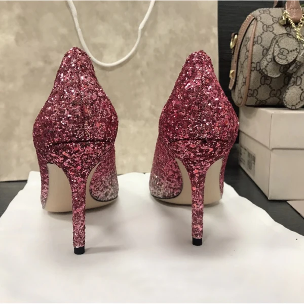 Glittrande Silver Purple Gradient-Färg Afton Pumps Läder 2021 Paljetter 8 cm Stilettklackar Spetsiga Pumps Högklackade