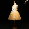 Chic / Beautiful Yellow Flower Girl Dresses 2017 Ball Gown Appliques Scoop Neck Backless Sleeveless Short Wedding Party Dresses