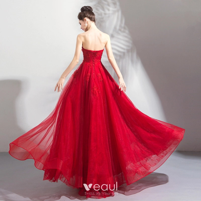 Charming Red Prom Dresses 2018 A Line Princess Beading Crystal Sequins Lace Flower Strapless Backless Sleeveless Floor Length Long Formal Dresses