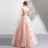 Modern / Fashion Pearl Pink Prom Dresses 2018 A-Line / Princess Lace Flower Appliques Pearl Scoop Neck Backless Sleeveless Floor-Length / Long Formal Dresses