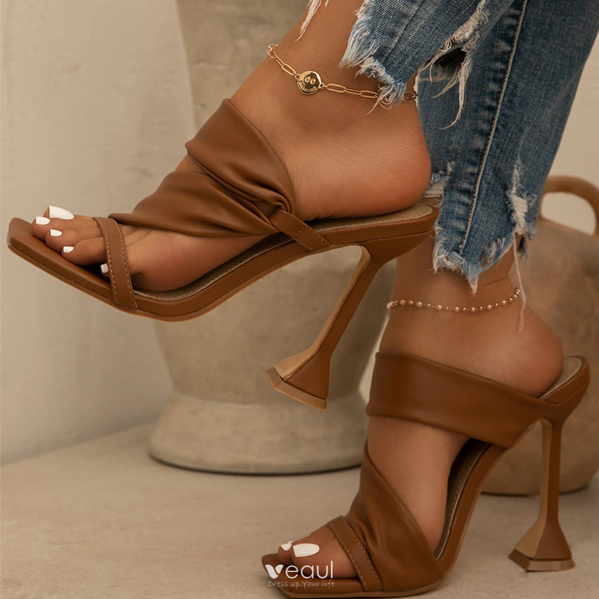 Chic Belle Dore Vetement de rue Sandales Femme 2021 9 cm Talons Aiguilles Peep Toes Bout Ouvert Sandales Talons Hauts