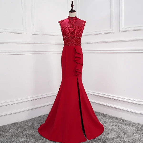Modern / Fashion Burgundy Evening Dresses 2018 Trumpet / Mermaid Crystal Lace Flower High Neck Backless Sleeveless Sweep Train Formal Dresses