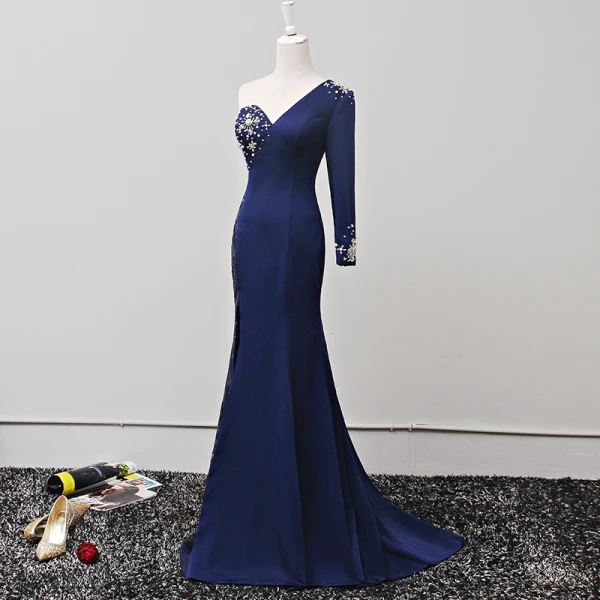 Vintage / Originale Bleu Marine Robe De Soirée 2018 Trompette / Sirène Perle Paillettes Une épaule Manches Longues Dos Nu Train De Balayage Robe De Ceremonie