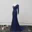 Vintage / Originale Bleu Marine Robe De Soirée 2018 Trompette / Sirène Perle Paillettes Une épaule Manches Longues Dos Nu Train De Balayage Robe De Ceremonie