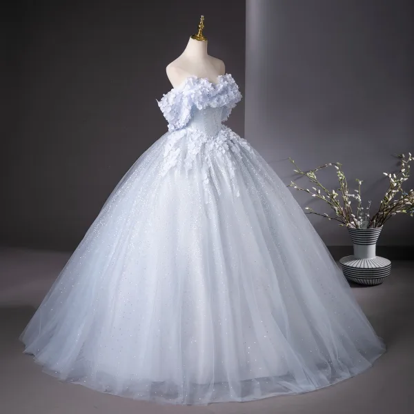 Chic / Beautiful Sky Blue Glitter Appliques Prom Dresses 2025 Ball Gown Off-The-Shoulder Short Sleeve Backless Floor-Length / Long Prom Formal Dresses