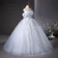 Chic / Beautiful Sky Blue Glitter Appliques Prom Dresses 2025 Ball Gown Off-The-Shoulder Short Sleeve Backless Floor-Length / Long Prom Formal Dresses