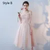 Chic / Beautiful Blushing Pink Bridesmaid Dresses 2017 A-Line / Princess Lace Flower Backless Tea-length Bridesmaid Wedding Party Dresses