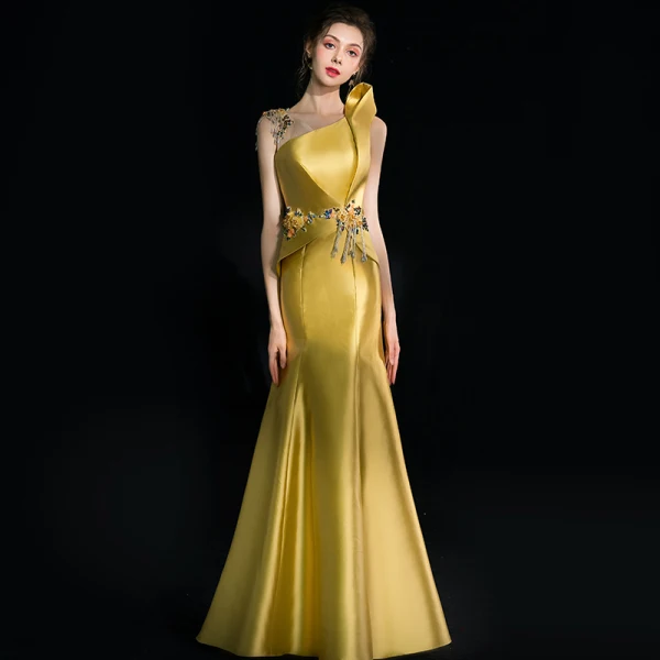 Amazing / Unique Gold Evening Dresses 2018 Trumpet / Mermaid Appliques Beading Tassel Crystal Rhinestone Scoop Neck Backless Sleeveless Floor-Length / Long Formal Dresses