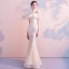Elegant Champagne Evening Dresses  2018 Trumpet / Mermaid Beading Lace Flower High Neck Backless Short Sleeve Floor-Length / Long Formal Dresses