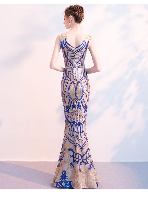 Charmant Bleu Roi Champagne Robe De Soirée 2018 Trompette / Sirène Paillettes V-Cou Dos Nu Sans Manches Longue Robe De Ceremonie