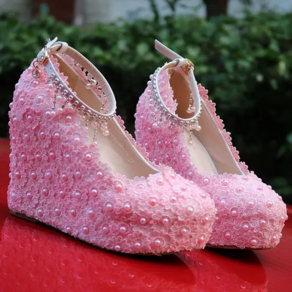 Chic / Beautiful White Lace Flower Wedding Shoes 2021 Waterproof Pearl Rhinestone Ankle Strap Wedding 10 cm Wedges Round Toe Sandals