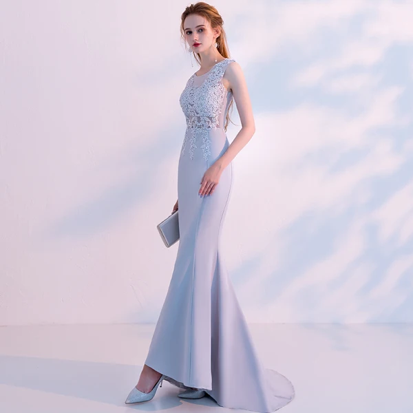 Chic / Beautiful Grey Evening Dresses 2018 Trumpet / Mermaid Beading Lace Flower Scoop Neck Sleeveless Sweep Train Formal Dresses