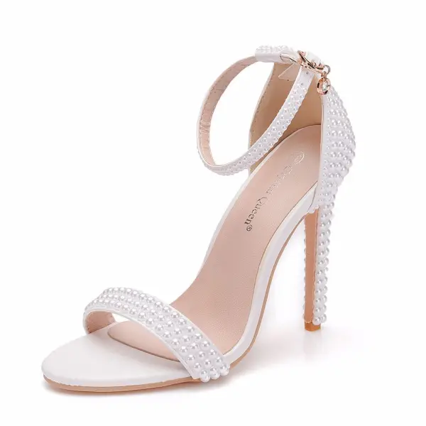 Sexy White Pearl Wedding Shoes 2021 Ankle Strap 11 cm Stiletto Heels Open / Peep Toe Wedding High Heels
