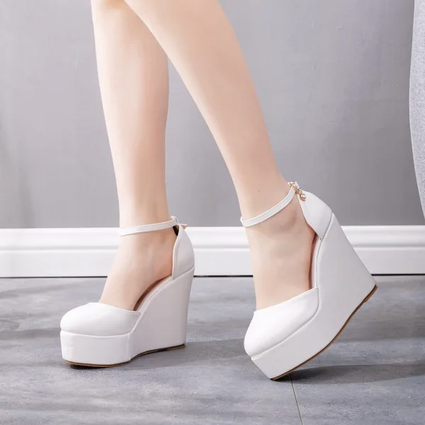 Mooie / Prachtige Witte Bruidsschoenen 2021 Enkelband Waterdichte 13 cm Sleehakken Ronde Neus Huwelijk Sandalen