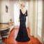 Chic / Belle Bleu Marine Robe De Soirée 2018 Trompette / Sirène Perlage Paillettes V-Cou Dos Nu Manches Longues Train De Balayage Robe De Ceremonie