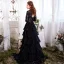Chic / Belle Noir Robe De Soirée 2017 Princesse Dentelle Volants en Cascade Encolure Dégagée Manches Longues Train De Balayage Robe De Ceremonie