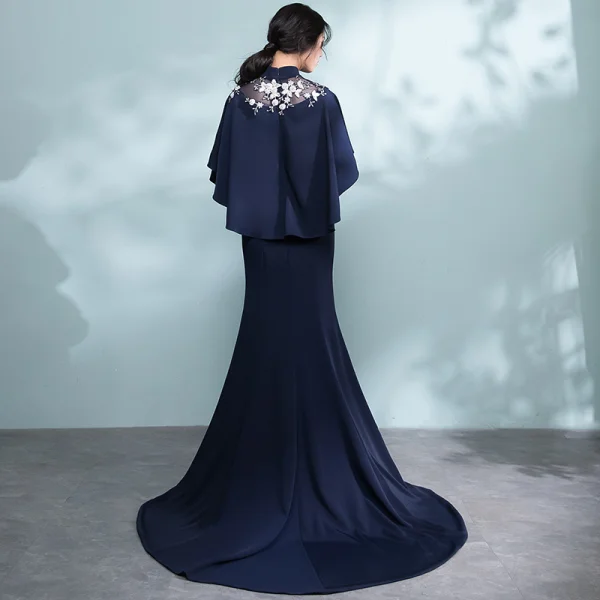 Elegant Navy Blue Evening Dresses 2018 Trumpet / Mermaid Lace Flower Pierced High Neck Short Sleeve Court Train Formal Dresses