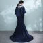 Elegant Navy Blue Evening Dresses  2018 Trumpet / Mermaid Lace Flower Pierced High Neck Short Sleeve Court Train Formal Dresses