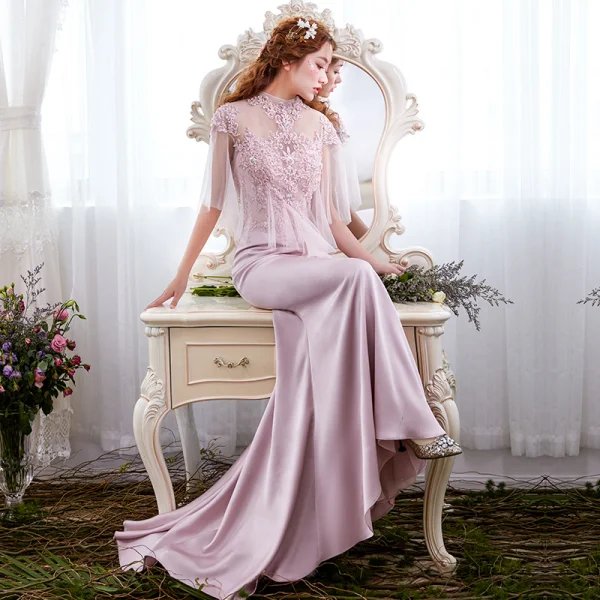 Élégant Rougissant Rose Robe De Soirée 2017 Trompette / Sirène En Dentelle Fleur Paillettes Encolure Dégagée Dos Nu 1/2 Manches Tribunal Train Robe De Ceremonie