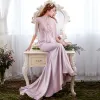 Elegant Blushing Pink Evening Dresses  2017 Trumpet / Mermaid Lace Flower Sequins Scoop Neck Backless 1/2 Sleeves Court Train Formal Dresses
