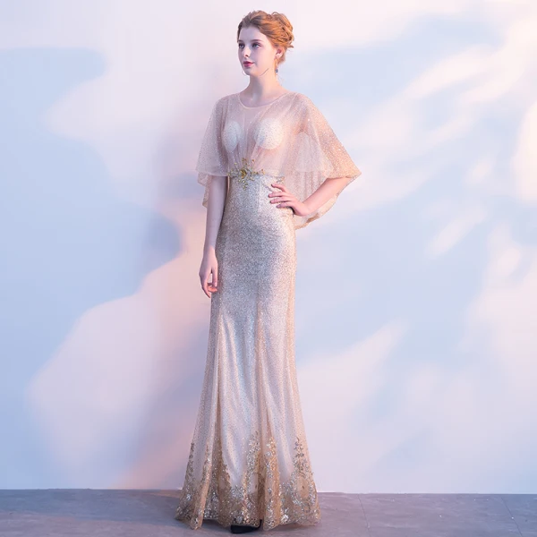 Sexy Gold Evening Dresses 2018 Trumpet / Mermaid Sequins Crystal Pierced Scoop Neck 1/2 Sleeves Floor-Length / Long Formal Dresses